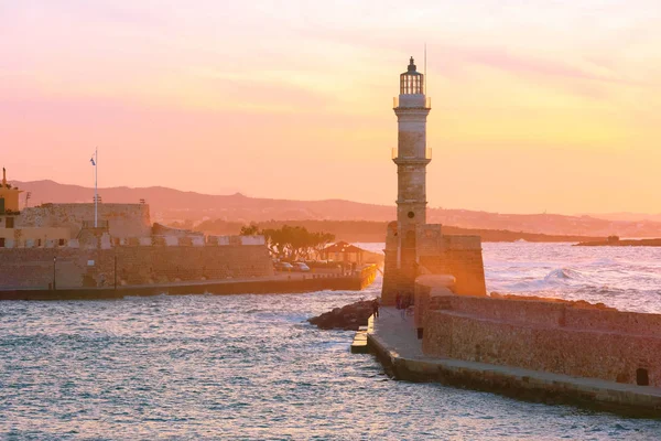 Lighthouse at sunset, Chania, Crete, Greece — Stock Photo, Image