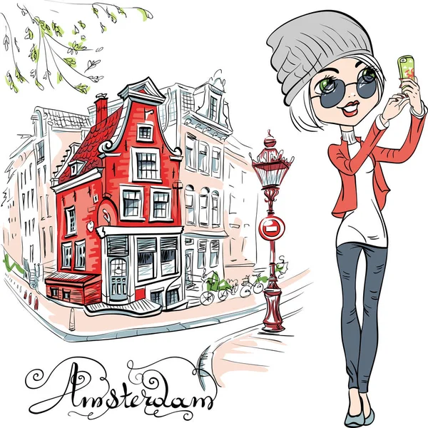 Vector hermosa chica hace selfie en Amsterdam — Vector de stock