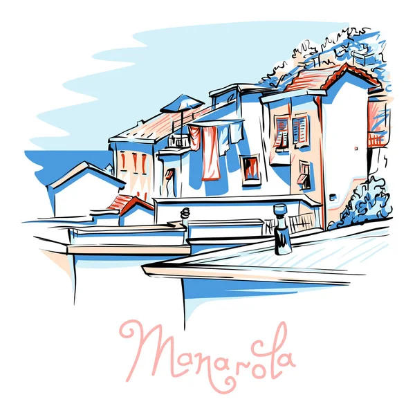 ベクトル Manarola, Ligury, イタリアのカラフルな家 — ストックベクタ