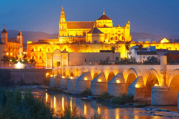 Noční Mezquita a římský most v Cordoba, Španělsko — Stock fotografie