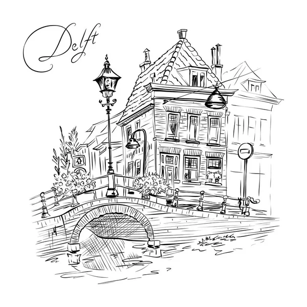 Мальовничий міський краєвид Делфта з красиві будинки — стоковий вектор