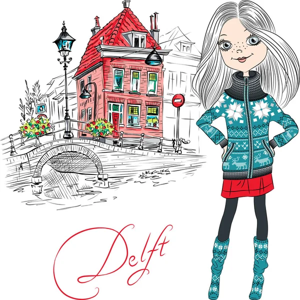 Vector beautiful girl in Delft, Netherlands. — Stock Vector