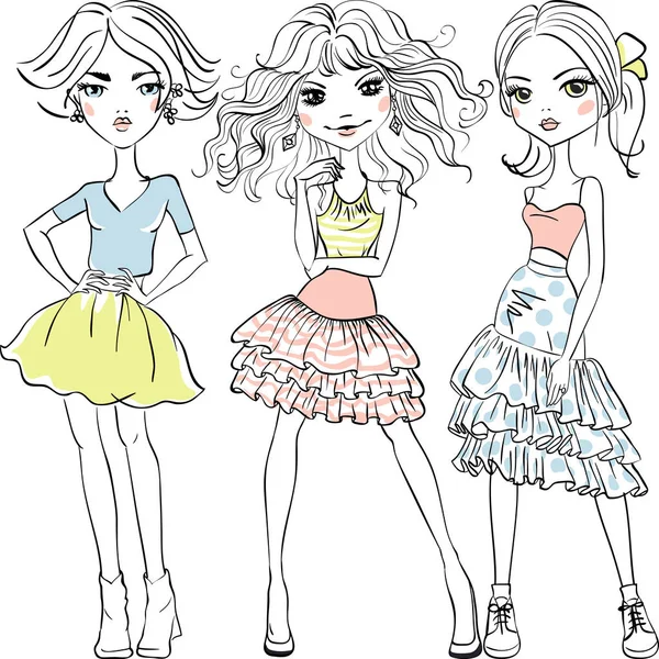 Vector cute fashion girls in t-shirts and skirts — Stock Vector