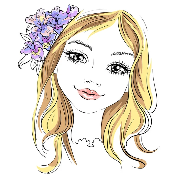 Διάνυσμα το όμορφο κορίτσι μόδας με λουλούδι στα μαλλιά — Διανυσματικό Αρχείο