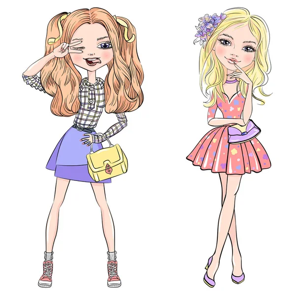 Vector set of cute fashionable girls — Stock Vector