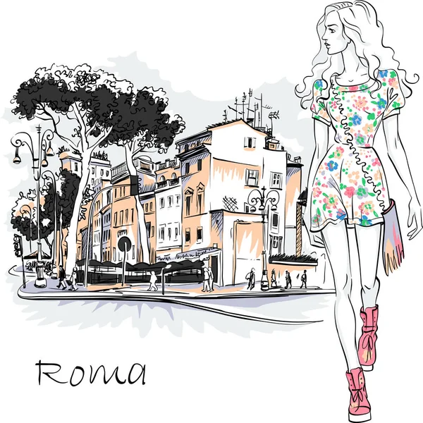 Şirin moda kız Roma, İtalya — Stok Vektör