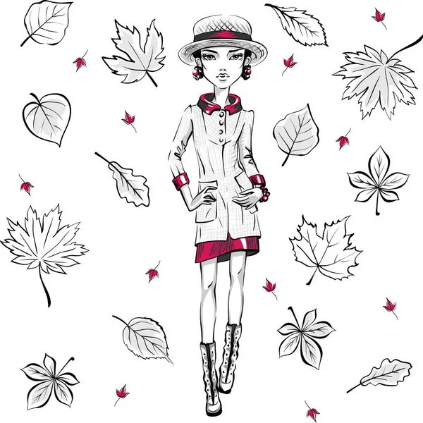 Chica de moda vectorial en ropa de otoño — Vector de stock