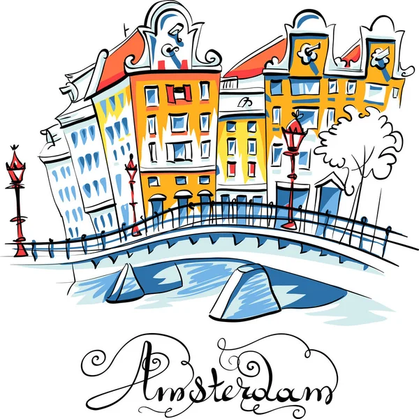 Vector city view of Amsterdam canal — Stock Vector