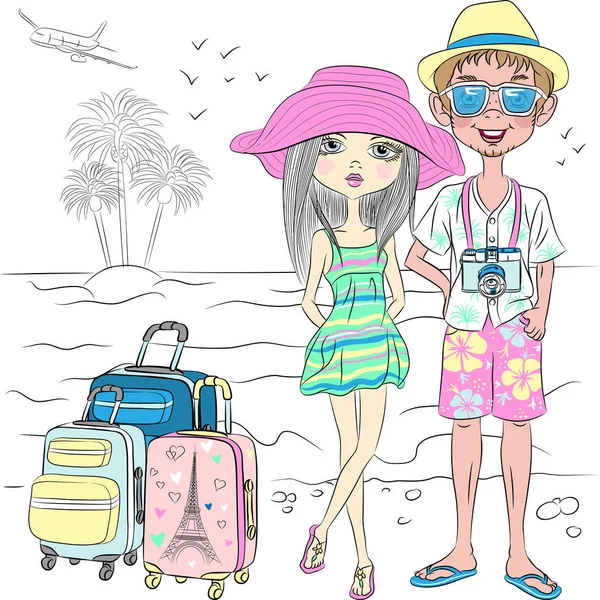 在海边的矢量时尚旅行夫妇 — 图库矢量图片