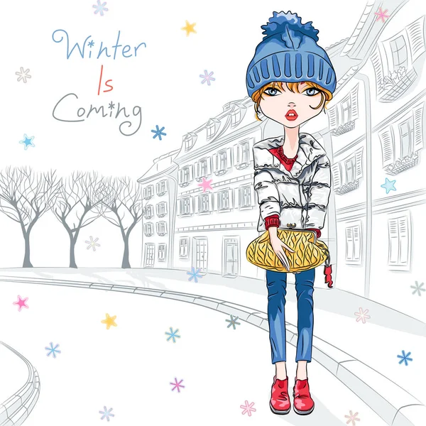 Vector fashion girl in winter clothes in old town — Stock Vector