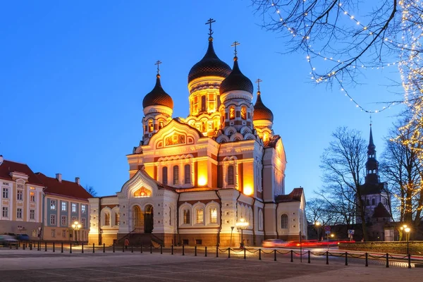 Catedral Alexander Nevsky à noite em Tallinn — Fotografia de Stock