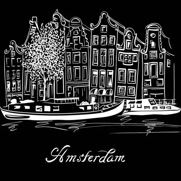 Canal Vector Amsterdam e típicas casas holandesas — Vetor de Stock