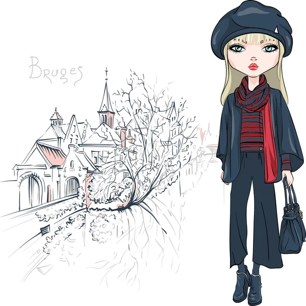 Vector fashion girl in winter clothes in Bruges — Stock Vector