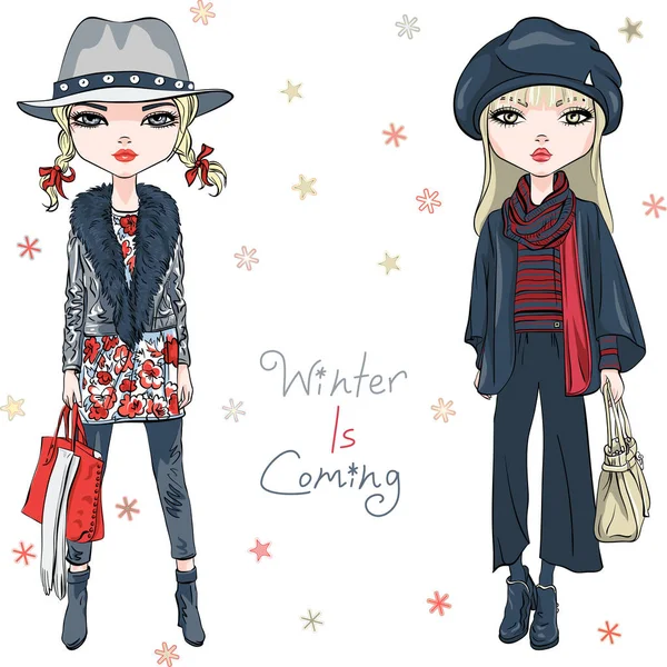 Vector fashion girls in winter clothes — Stock Vector