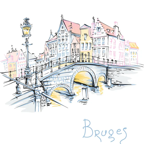 Scenic city view of Bruges canal with beautiful houses — Stock Vector