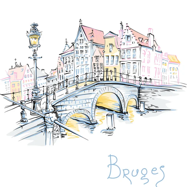 Vista panorâmica da cidade do canal Bruges com belas casas — Vetor de Stock