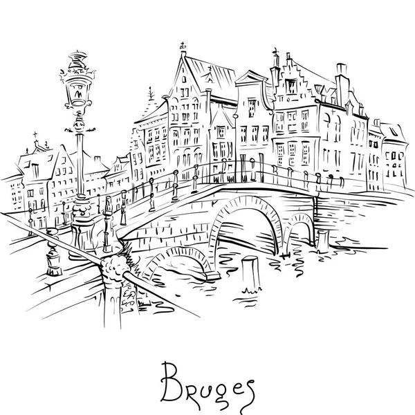 Vista panorâmica da cidade do canal Bruges com belas casas — Vetor de Stock