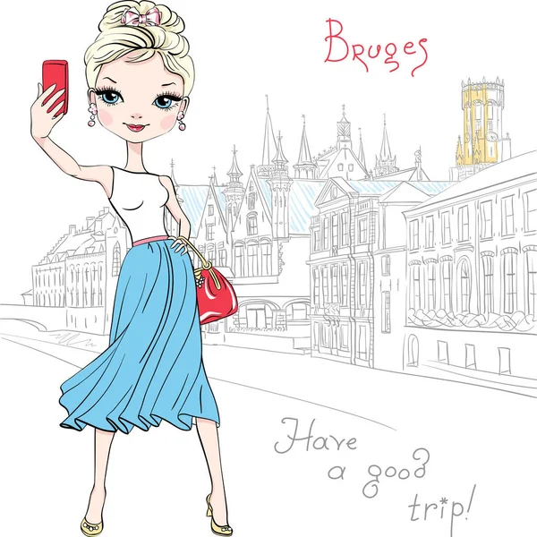 Linda chica hipster hace selfie en Brujas, Bélgica — Vector de stock