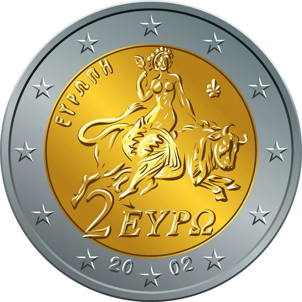 Greek money gold coin two euro featuring Europa — Stock Vector