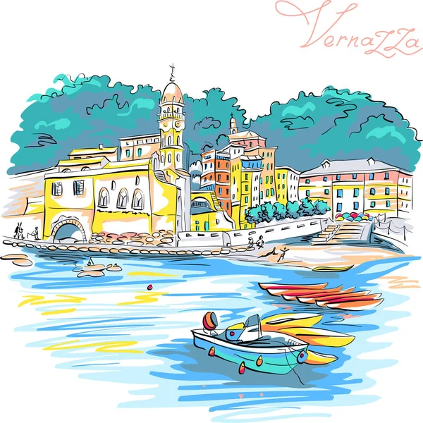 Vernazza, Ligury, 意大利的五颜六色的房子 — 图库矢量图片