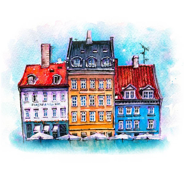 Watercolor sketch of Nyhavn, Copenhagen, Denmark. — Stock Photo, Image