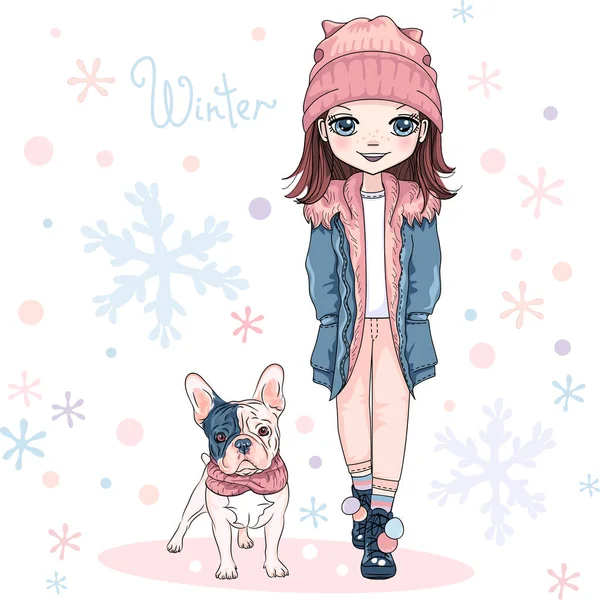 Vector bonito menina com cão — Vetor de Stock