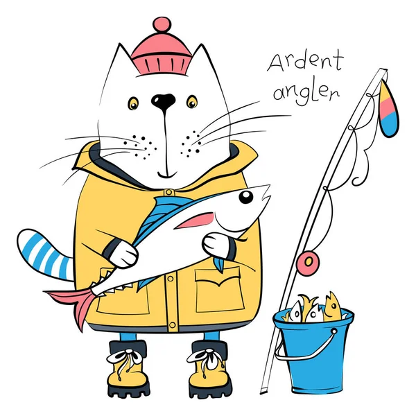 Vector cat fisherman and his catch — Stock Vector