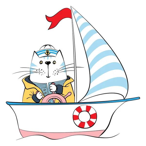 Vector cat captain on the ship — Stockvector