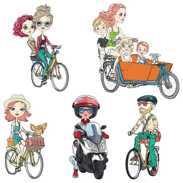 Ensemble vectoriel personnes en vélo — Image vectorielle