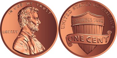 Vector American money gold coin one cent, penny clipart