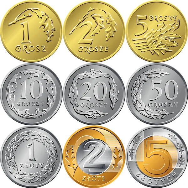 Conjunto de monedas zloty y grosz de dinero polaco — Vector de stock