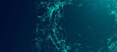 Noktalardan ve çizgilerden oluşan soyut geometrik üç boyutlu küre. Gelecekçi teknoloji tarzı. 