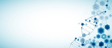 Bilim şablonu, 3d Dna molekülleriyle soyut arka plan. Vektör çizimi.