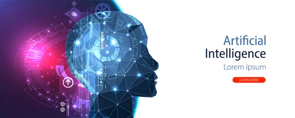 Yapay zeka (yapay zeka) ve büyük veri konsepti. Makine siber zihin. İkili veri akışı olan insan yüzü. Teknoloji vektör arkaplanı. 