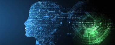 Yapay zeka (yapay zeka) ve büyük veri konsepti. Makine siber zihin. İkili veri akışı olan insan yüzü. Teknoloji vektör arkaplanı. 