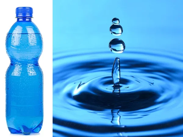 ボトル入り飲料水と滴と水のしぶきの二連祭壇画画像 — ストック写真