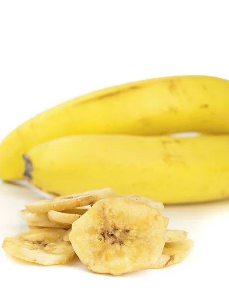 Primer Plano Chips Plátano Seco Con Plátanos Fondo —  Fotos de Stock