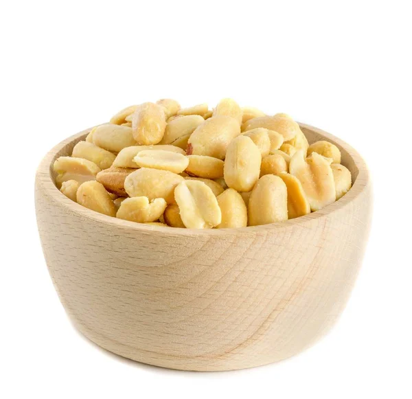 Salted Peanuts Wooden Bowl Isolated White Background — Stock Photo, Image