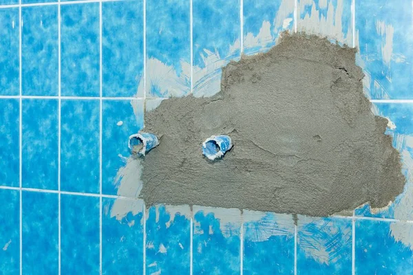 Нещодавно Встановлені Водопровідні Труби Ванній Душовій Стінці Мокрим Цементом Плитці — стокове фото