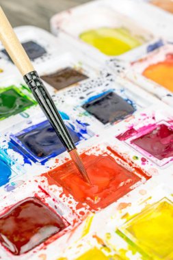 Bir sanatçı fırça boyar ve bir kutu karışık renkli su boyası yapar.