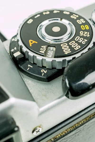 Close Asa Iso Dial Vintage 35Mm Film Analog Camera — Stock Photo, Image