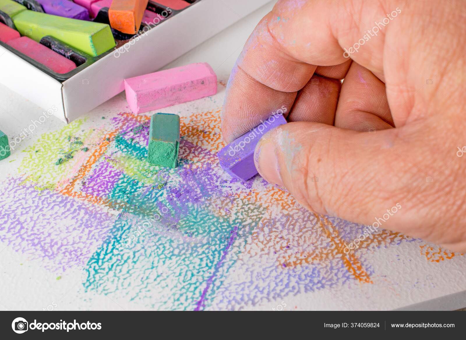 Artist Using Soft Chalk Pastel Crayons Abstract Artwork Stock