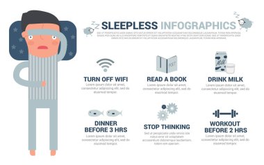 Uykusuz adam infographics, karikatür vektör çizim