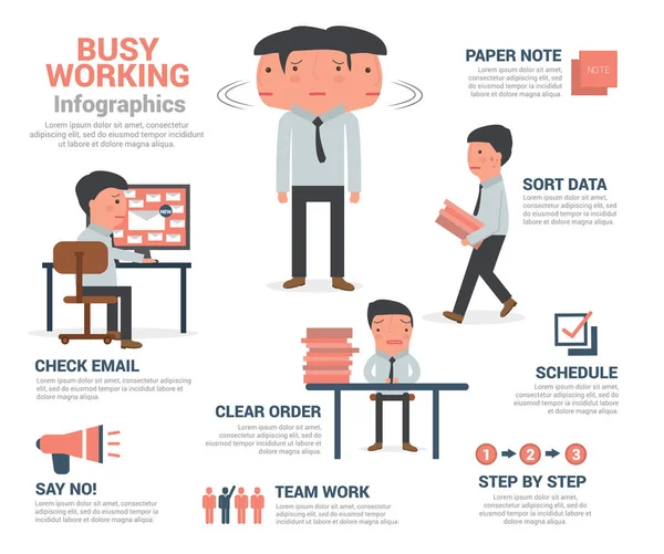 Hombre de negocios Trabajo ocupado infografías, ilustración de vectores de dibujos animados — Vector de stock