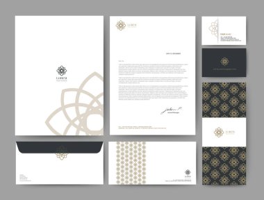 Kimlik kurumsal şirket tasarım şablonu marka, Ticari hotel, resort, spa, lüks premium logo, vektör çizim için ayarla