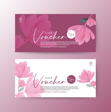 Magnolia Çiçeği Çizimi ile Hediye Fişi arkaplanı. Spa Kozmetik Paketleme Oteli için. Botanik vektör illüstrasyonu