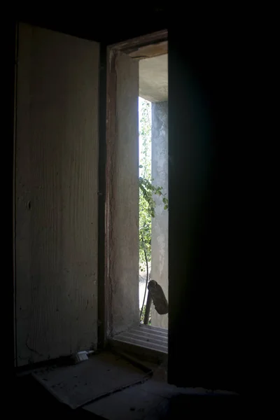 Chiaroscuro of a window with a hoe — Stock Photo, Image