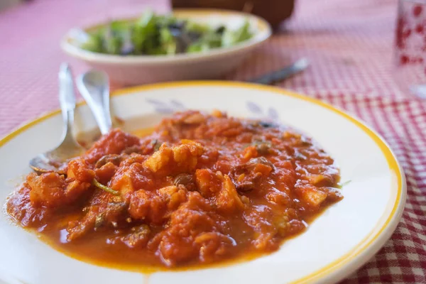 Plato Salsa Tomate Con Hierbas Fritas Alcaparras — Foto de Stock