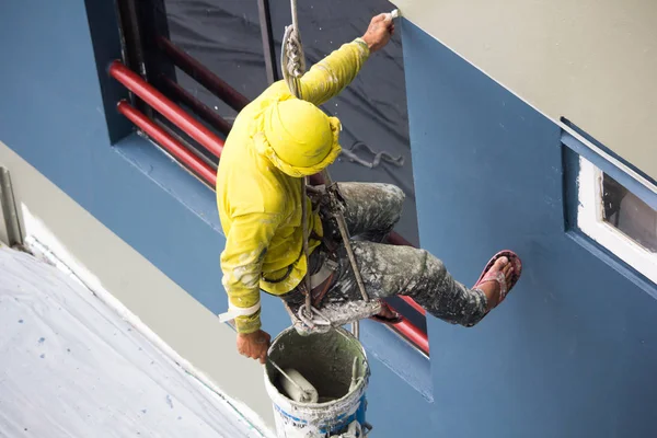 Painters Hanging Roll Painting Color Building Wall Facade Builder Worker — Stock Photo, Image