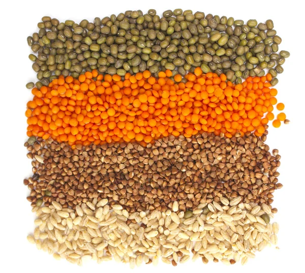 Verschiedene Getreidesorten Streifen Form Eines Quadrats Auf Weißem Hintergrund — Stockfoto